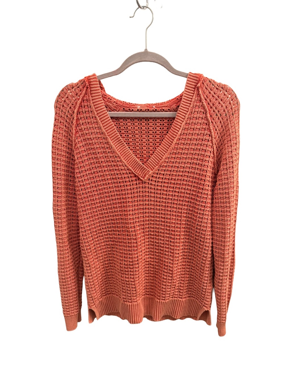 Sundance 100% Cotton V-Neck Waffle Knit Hooded Sweater - Coral